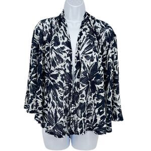 Ruby Rd. Floral Print Open Front Open Weave Knit Cardigan Navy White Petite SZ S